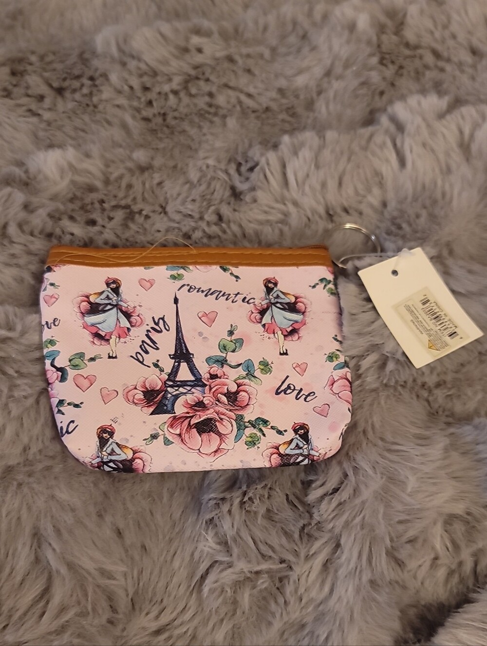 Pink Floral Eiffel Tower Coin Pouch with Keyring - Women's Cosmetic Accessory